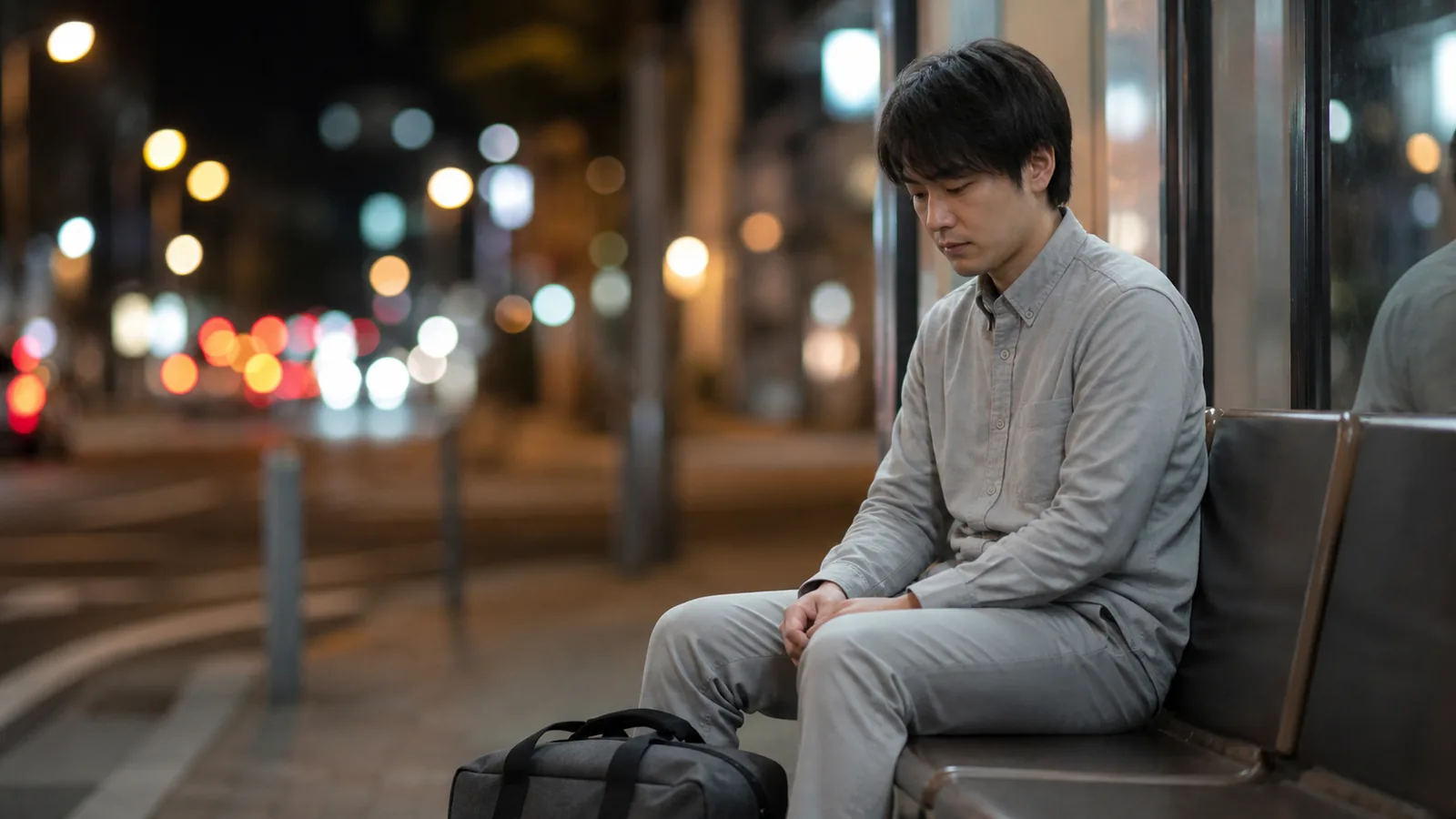 夜のバス停で一人、これからどうするかを考えている人のイメージ