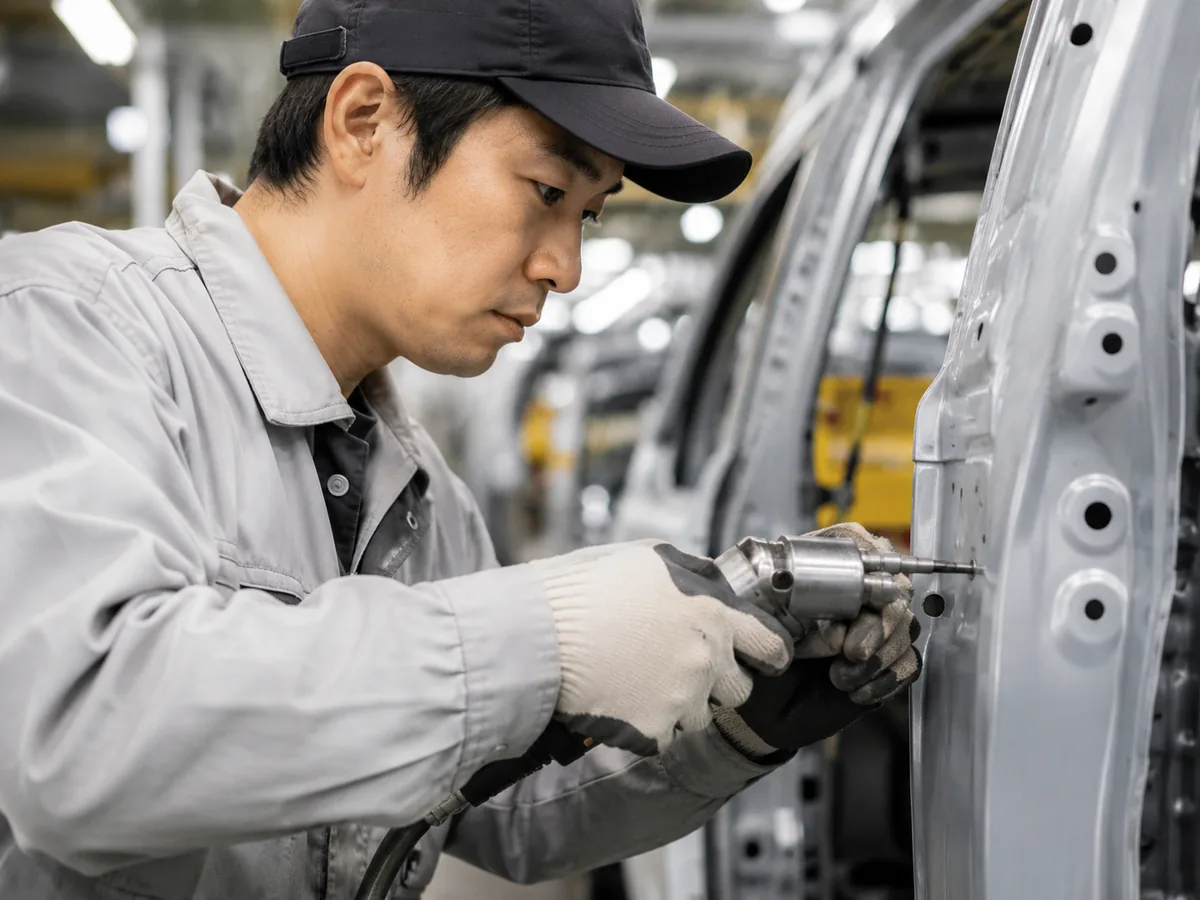 車体ラインで工具を使って組立作業をするスタッフ