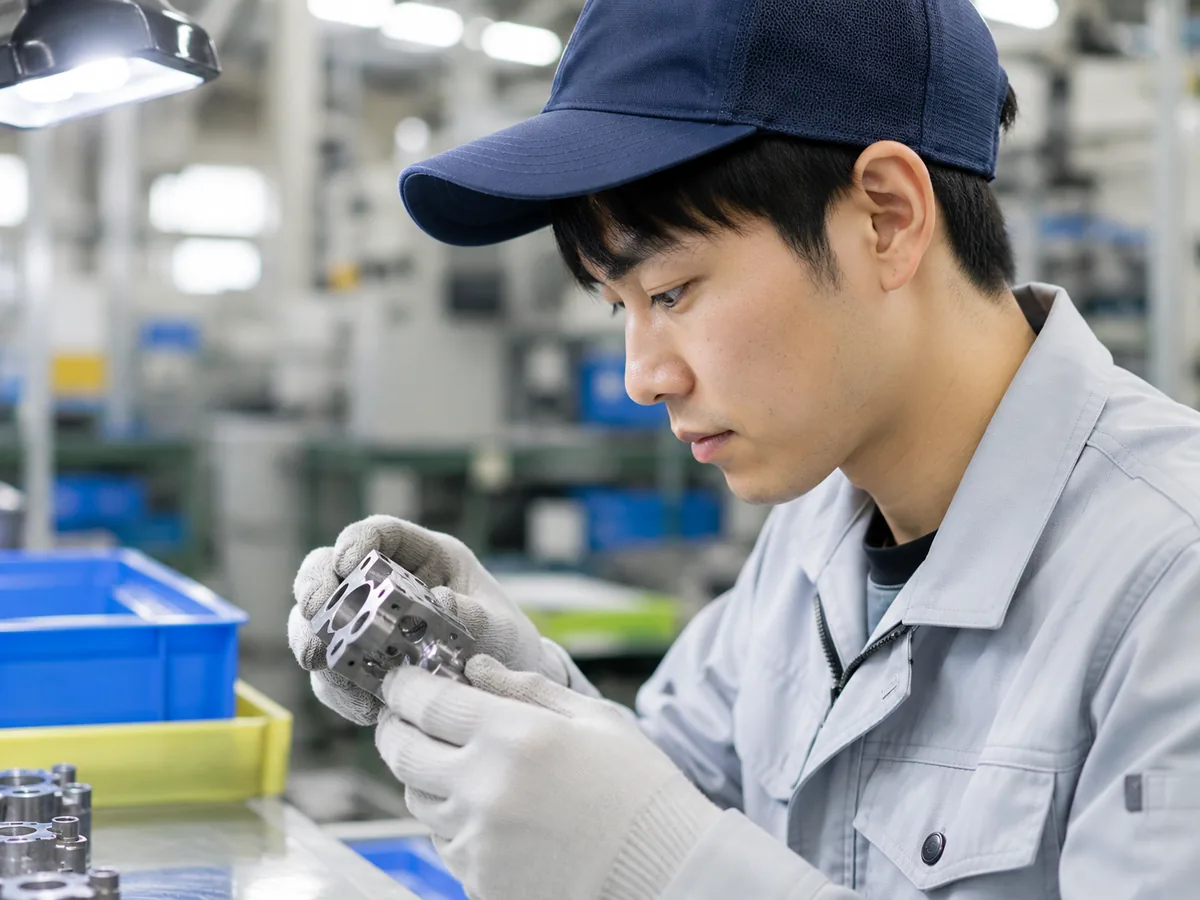 自動車部品を手に取って検品する製造スタッフ