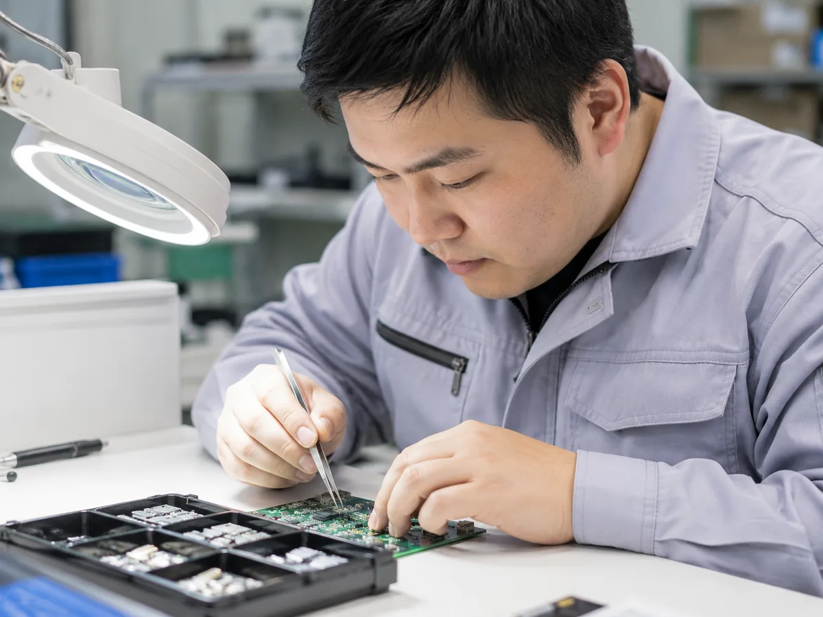 基板の電子部品をピンセットで扱う検査スタッフ