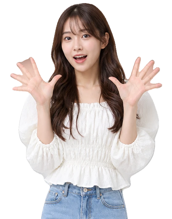 驚いた表情で両手を広げる女性のイメージ