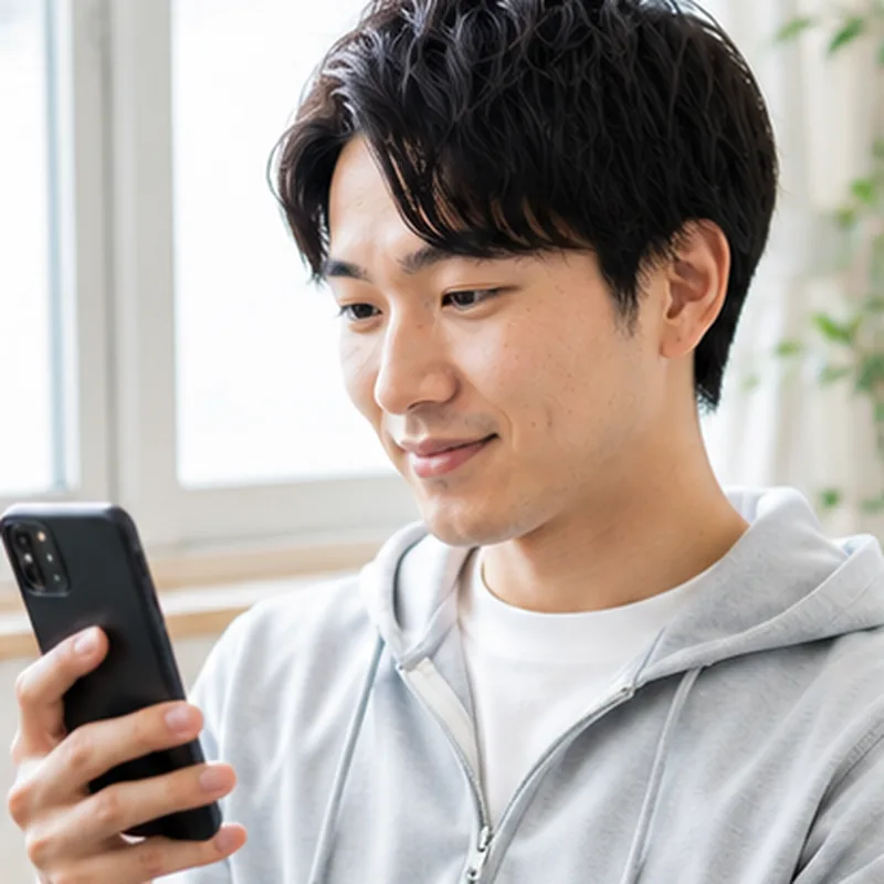 スマートフォンでLINEの相談画面を見ている男性