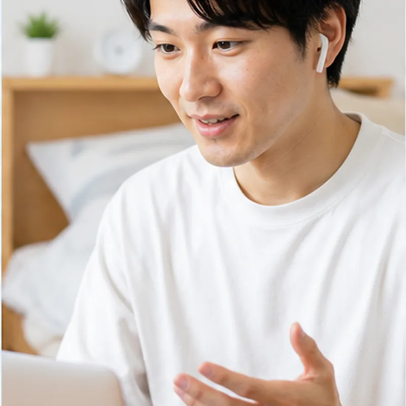 イヤホンを着けてノートパソコンでオンライン面談を受けている男性