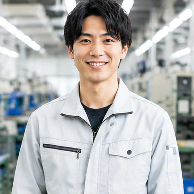 工場で作業着を着て笑顔で立っている男性