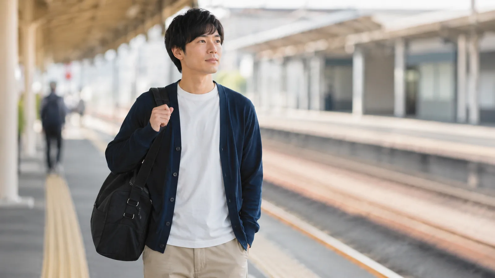 バッグひとつで駅に立ち、新しい土地へ向かおうとしている男性